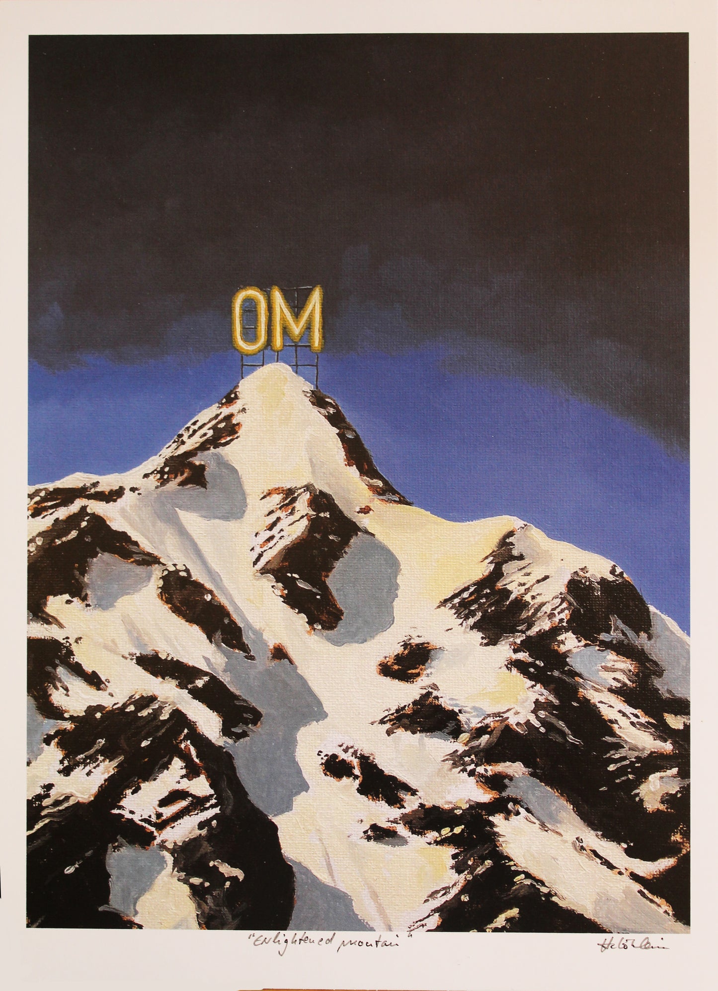 Mountain peak with a 'OM' sign against a dark sky